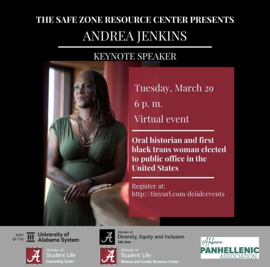 The+safe+zone+resource+center+presents+Andrea+Jenkins.+Keynote+Speaker+Tuesday%2C+March+29+6+p.m.+Virtual+Event.+Oral+historian+and+first+black+trans+woman+elected+to+public+office+in+the+United+States.+Register+at+https%3A%2F%2Ftinyurl.com%2Fdeiidcevents