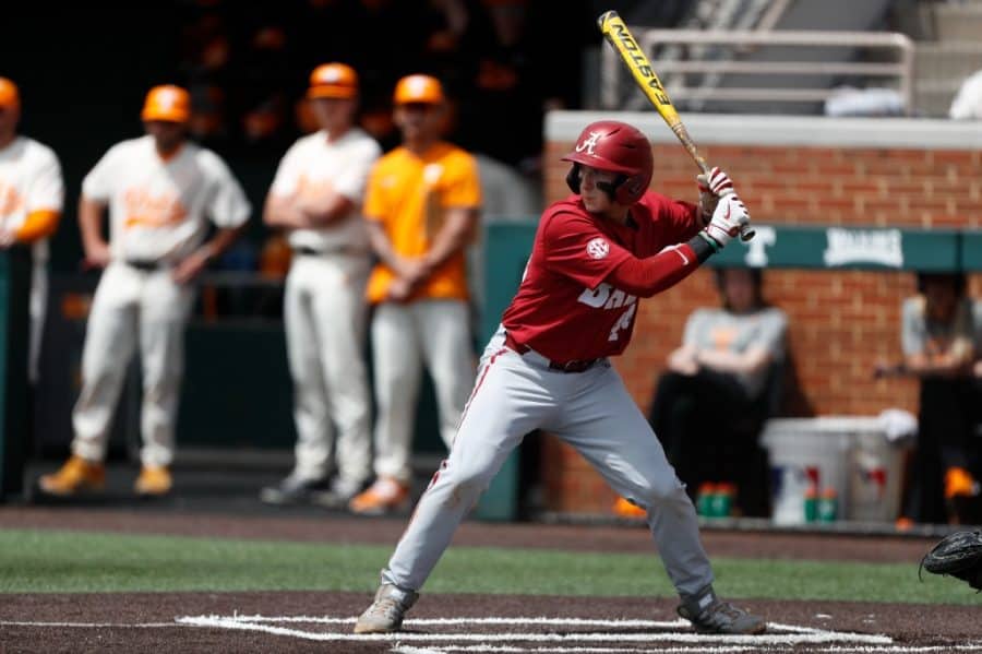 Alabama third baseman Zane Denton (44) gets ready to swing the bat in the Crimson Tide’s 15-4 loss to the No. 1 Tennessee Volunteers on April 17 at Lindsey Nelson Stadium in Knoxville, Tennessee.