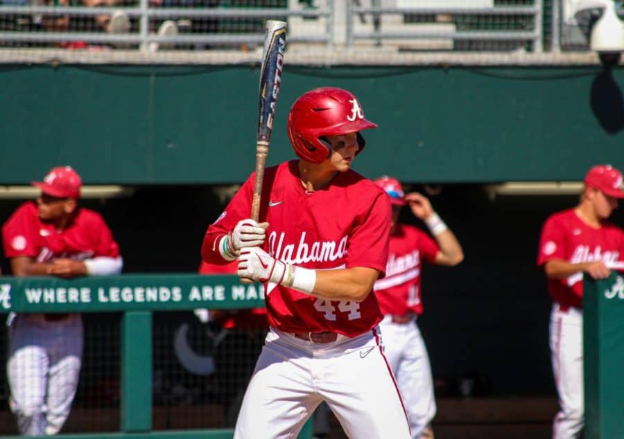 Alabama third baseman Zane Denton (44) takes an at-bat in the Crimson Tide’s 8-4 win over the Texas A&M Aggies on April 3 at Sewell-Thomas Stadium in Tuscaloosa, Alabama.