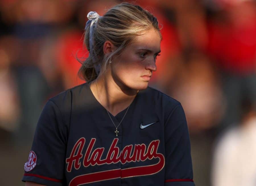 Alabama pitcher Montana Fouts (14) looks on in despair in the Crimson Tide’s 3-1 loss to the Western Kentucky Hilltoppers on April 27 at WKU Softball Field in Bowling Green, Kentucky.
