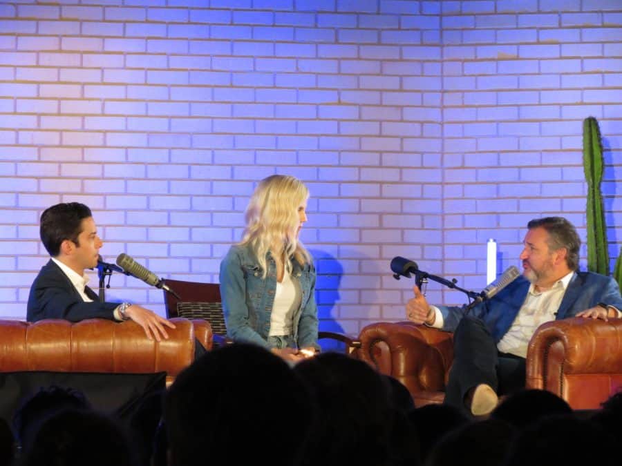 Michael Knowles, Liz Wheeler and Ted Cruz record an episode of Verdict With Ted Cruz in front of a live audience at the Tuscaloosa River Market on April 18, 2022.