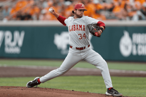 Alabama right-hander Jacob McNairy (34) throws a pitch in the Crimson Tide’s 9-2 loss to the No. 1 Tennessee Volunteers on April 16 at Lindsey Nelson Stadium in Knoxville, Tennessee.