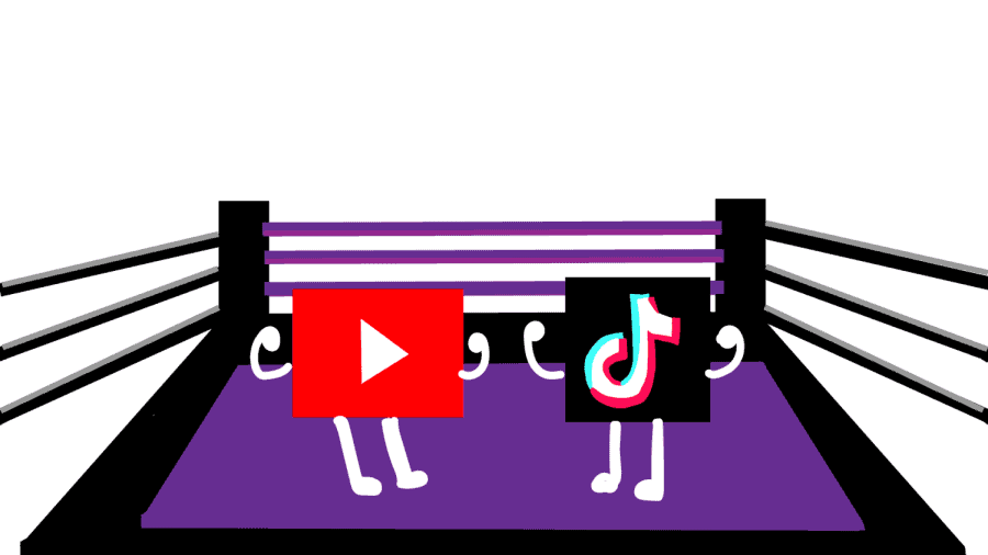 An+illustration+of+YouTube+and+TikTok+in+a+boxing+ring+with+raised+fists.