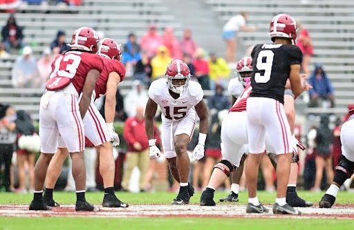 Alabama linebacker Dallas Turner (15) prepares to rush the quarterback in the annual A-Day game on April 16, at Bryant-Denny Stadium in Tuscaloosa, Alabama.