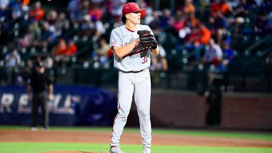 Alabama+starting+pitcher+Garrett+McMillan+%2839%29+prepares+to+throw+a+pitch+in+the+Crimson+Tides+3-2+loss+to+the+No.+20+Auburn+Tigers+on+May+13+at+Plainsman+Park+in+Auburn%2C+Alabama.