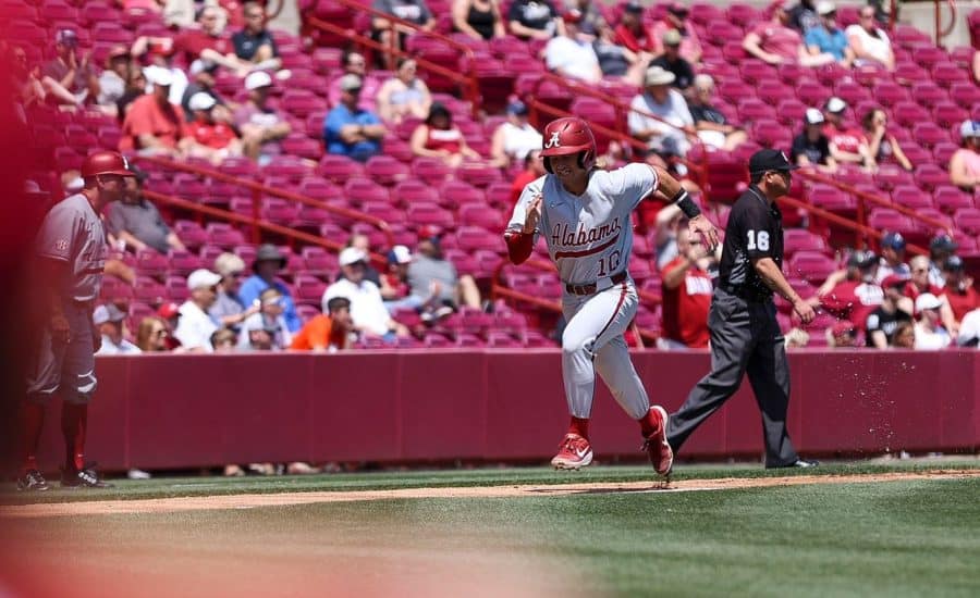 Alabama shortstop Jim Jarvis (10) hustles around the bases in the Crimson Tide’s 11-5 loss to the South Carolina Gamecocks on April 30 at Founders Park in Columbia, South Carolina.