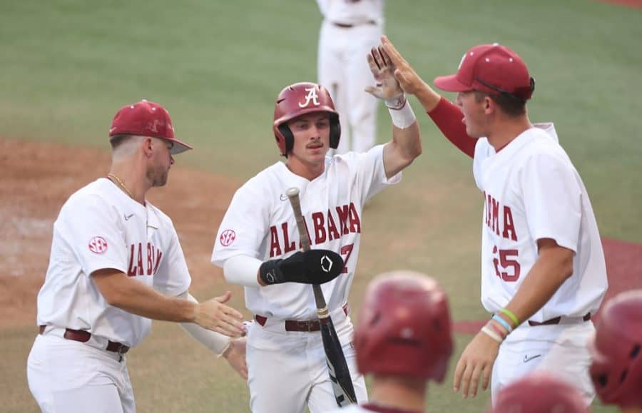 Alabama+center+fielder+Caden+Rose+%287%29+is+congratulated+by+his+teammates+in+the+Crimson+Tides+7-3+loss+to+the+No.+7+Arkansas+Razorbacks+on+May+19+at+Sewell-Thomas+Stadium+in+Tuscaloosa%2C+Alabama.