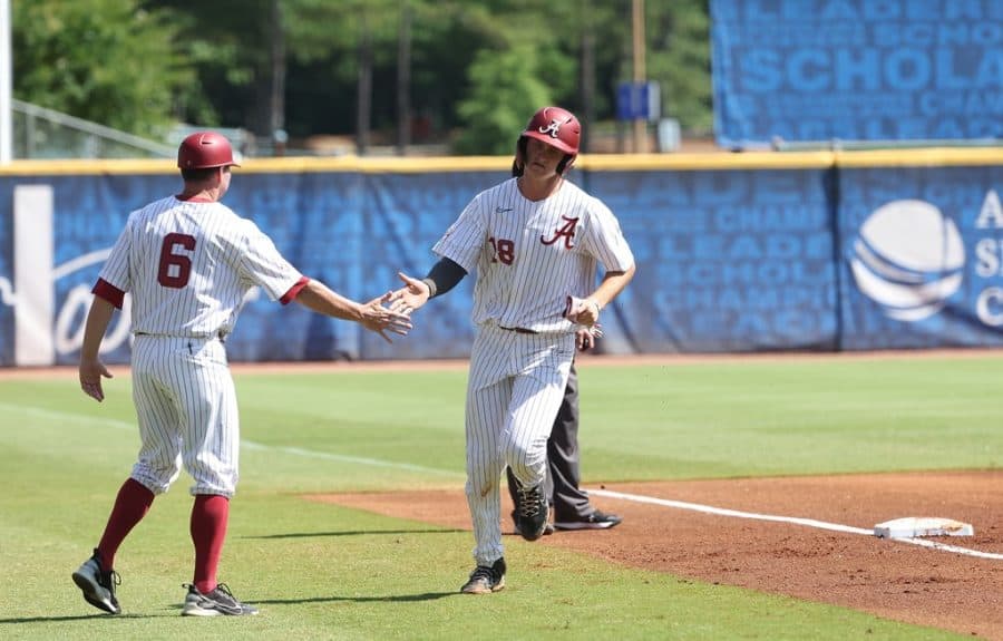 Alabama+first+baseman+Drew+Williamson+%2818%29+high-fives+head+coach+Brad+Bohannon+%286%29+after+hitting+a+home+run+in+the+Crimson+Tides+11-6+loss+to+the+No.+7+Florida+Gators+in+the+fourth+round+of+the+SEC+Tournament+on+May+28+at+Hoover+Metropolitan+Stadium+in+Hoover%2C+Alabama.