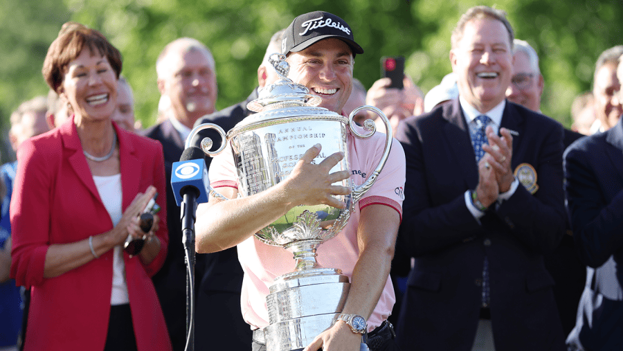 Justin Thomas poses with the trophy after winning the PGA Championship on May 22 at Southern Hills Country Club in Tulsa, Oklahoma.