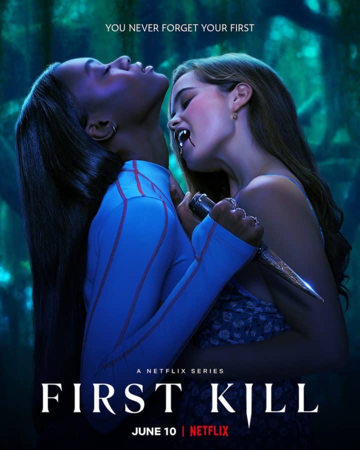 Netflixs+First+Kill+Poster%2C+depicting+two+teenage+female+individuals+in+an+embrace%2C+one+of+whom+appears+to+be+a+vampire+about+to+strike