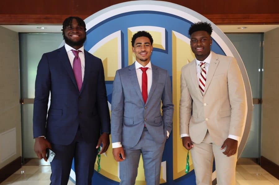 (Left to right): Linebacker Will Anderson Jr., quarterback Bryce Young, and safety Jordan Battle pose for a picture for 2022 SEC Media Days at the College Football Hall of Fame in Atlanta, Ga.