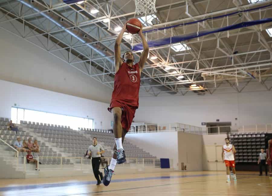Alabama guard Rylan Griffen (3) soars for a dunk in the Crimson Tides 108-64 victory over Spain Select on August 8 in Barcelona, Spain.