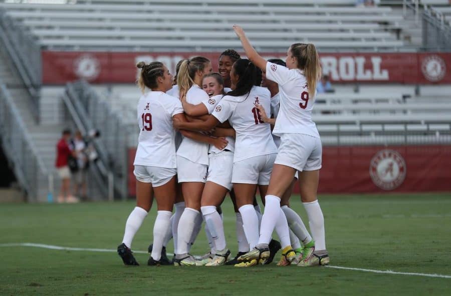 Alabama celebrates a first half goal in the Crimson Tides 2-0 win over the Southern Miss Golden Eagles on Aug. 25 at the Alabama Soccer Stadium in Tuscaloosa, Ala.