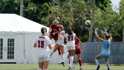 Alabama forward Riley Tanner (12) heads a ball in the Crimson Tides 4-0 victory over the Florida Atlantic Owls on August 19 at the FAU Soccer Stadium in Boca Raton, Fla.