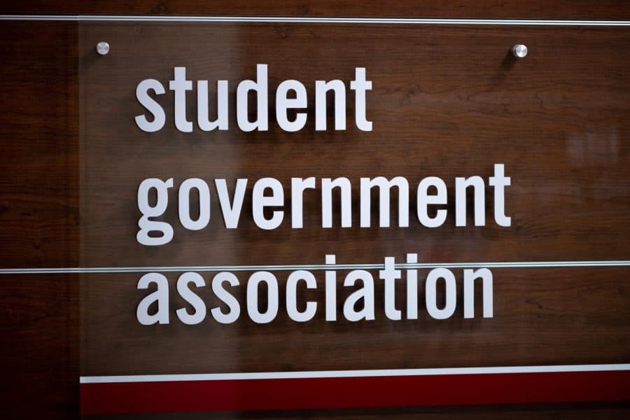 Glass sign reading student government association.