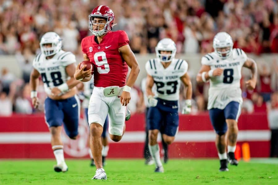 Alabama quarterback Bryce Young (9) takes off on a 63-yard run in the Crimson Tides 55-0 victory over the Utah State Aggies on Sept. 3 at Bryant-Denny Stadium in Tuscaloosa, Ala.
