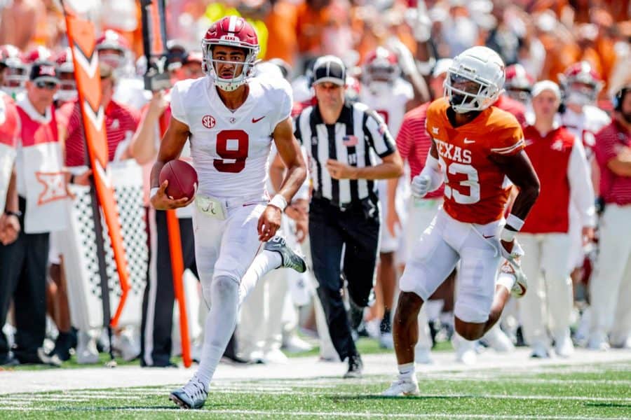 Alabama+quarterback+Bryce+Young+%289%29+runs+down+the+sideline+in+the+Crimson+Tides+20-19+victory+over+the+Texas+Longhorns+on+Sept.+10+at+DKR+Texas+Memorial+Stadium+in+Austin%2C+Texas.
