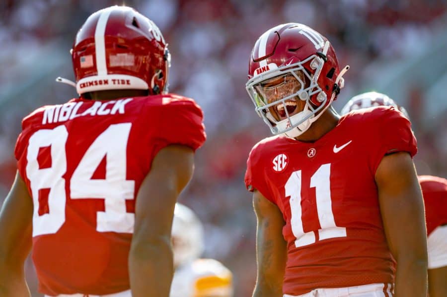 Alabama+wide+receiver+Traeshon+Holden+%2811%29+celebrates+with+Amari+Niblack+%2884%29+after+scoring+a+touchdown+in+the+Crimson+Tides+63-7+win+over+the+UL+Monroe+Warhawks+on+Sept.+17+at+Bryant-Denny+Stadium+in+Tuscaloosa%2C+Ala.
