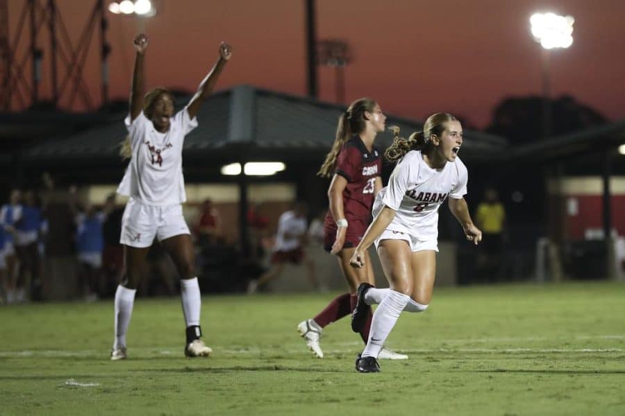 Alabama midfielder Felicia Knox (8) celebrates a goal in the Crimson Tides 2-0 win over No. 5 South Carolina on Sept. 15 at the Alabama Soccer Stadium in Tuscaloosa, Ala.