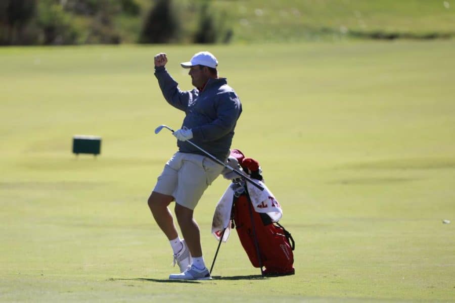 Alabamas Canon Claycomb celebrates a winning swing in SEC Match Play on Sept. 27 at Old Overton Club in Vestavia Hills, Ala.