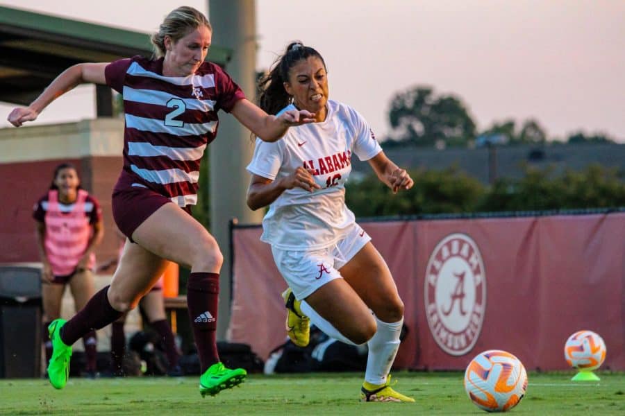 Alabamas Reyna Reyes (16) attempts to make it past her defender in the Crimson Tides 3-0 victory over the Texas A&M Aggies on Sept. 25 at the Alabama Soccer Stadium in Tuscaloosa, Ala.