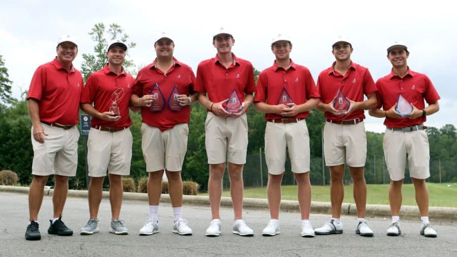 The+Alabama+mens+golf+team+poses+with+their+hardware+after+taking+first+place+at+the+Rod+Meyers+Invitational+on+Sept.+10+at+the+Duke+University+Golf+Club+in+Durham%2C+N.C.