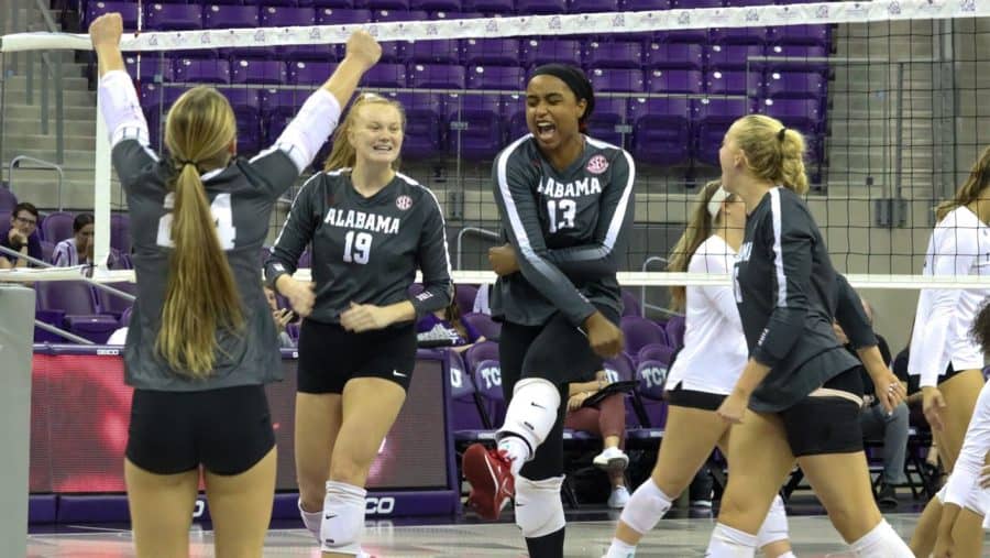 Alabama middle blocker Aliyah Wells (13) celebrates a point in the Crimson Tides victory over Texas State on Sept. 17 at Schollmaier Arena in Fort Worth, Texas.