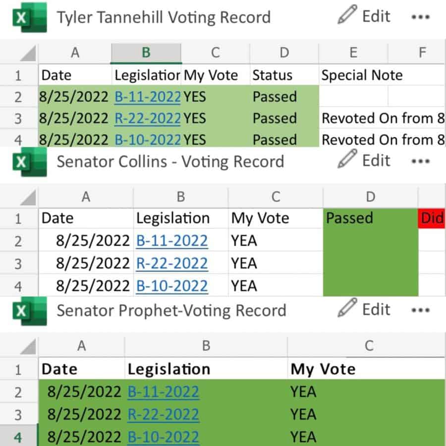 A collage of SGA Senate voting records in Excel