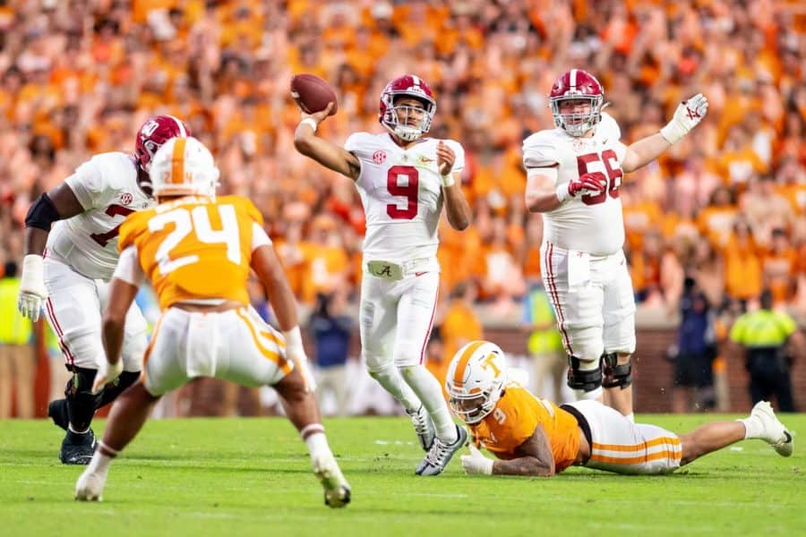 Alabama+quarterback+Bryce+Young+%289%29+attempts+to+evade+pressure+in+the+Crimson+Tides+52-49+loss+to+the+Tennessee+Volunteers+on+Oct.+15+at+Neyland+Stadium+in+Knoxville%2C+Tenn.