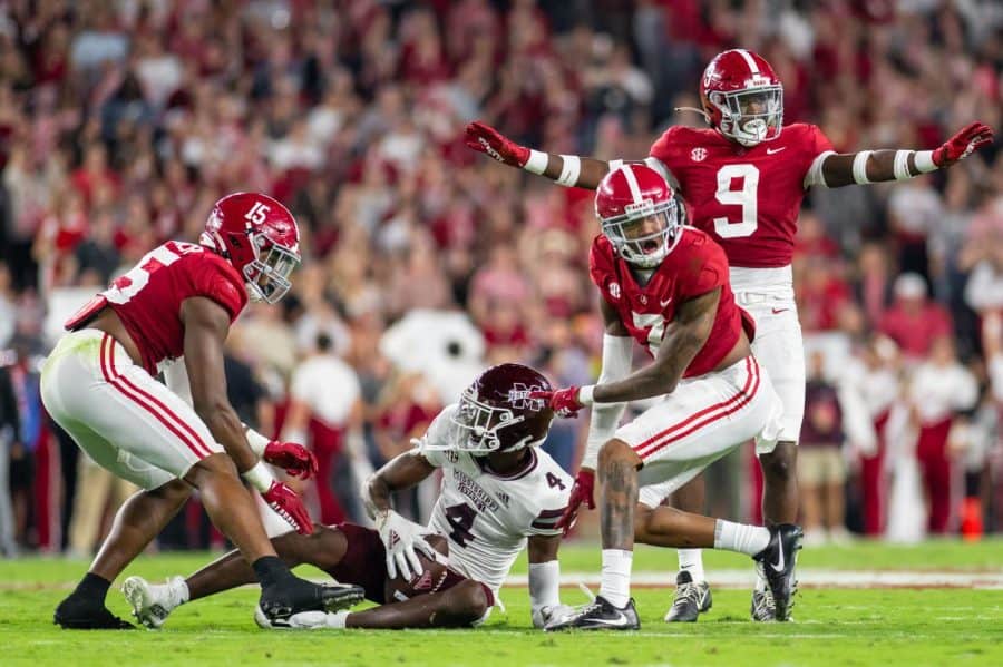 Alabamas Dallas Turner (15), Eli Ricks (7) and Jordan Battle (9) attempt to force an incompletion in the Crimson Tides 30-6 win over the No. 24 Mississippi State Bulldogs on Oct. 22 at Bryant-Denny Stadium in Tuscaloosa, Ala.