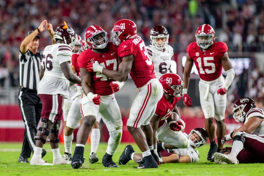 Alabamas Byron Young (47) and Will Anderson Jr. (31) celebrate a sack in the Crimson Tides 30-6 win over the No. 24 Mississippi State Bulldogs on Oct. 22 at Bryant-Denny Stadium in Tuscaloosa, Ala.