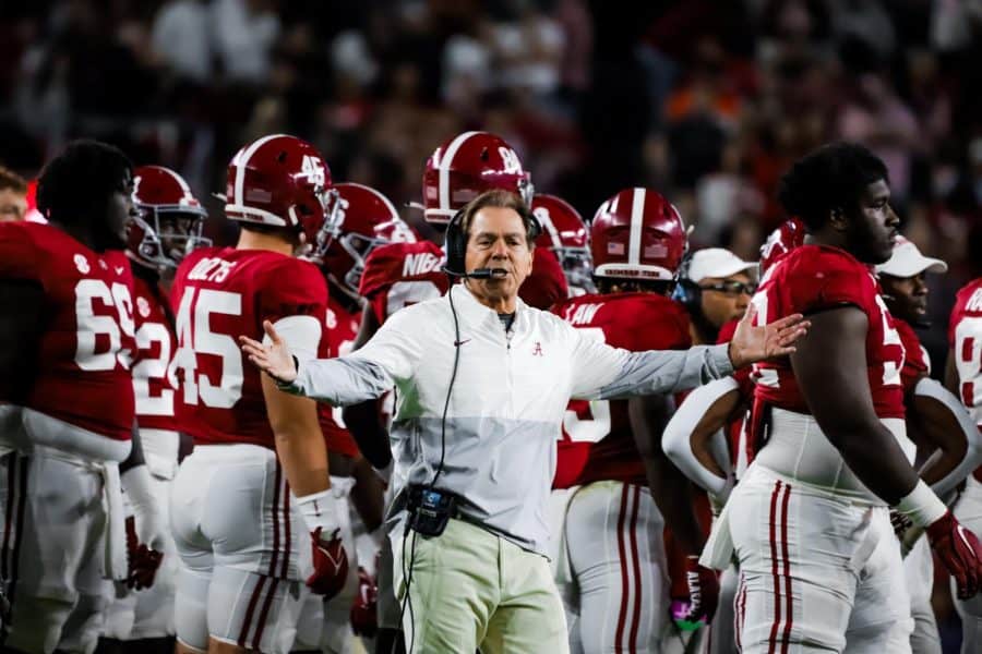 Alabama head coach Nick Saban shows frustration in the Crimson Tide’s 24-20 victory over the Texas A&M Aggies on Oct. 8 at Bryant-Denny Stadium in Tuscaloosa, Ala.