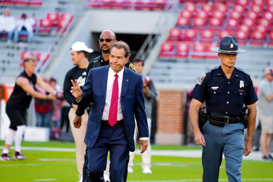 Alabama head coach Nick Saban takes his pregame walk in the Crimson Tide’s 24-20 victory over the Texas A&M Aggies on Oct. 8 at Bryant-Denny Stadium in Tuscaloosa, Ala.