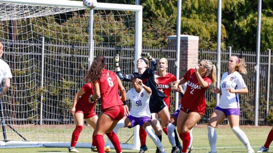 Alabama goalkeeper McKinley Crone (1) reaches for a save in the Crimson Tides 5-0 victory over the LSU Tigers on Oct. 9 at the LSU Soccer Stadium in Baton Rouge, La.