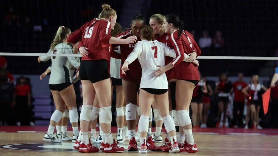 Alabama volleyball players console each other in the Crimson Tides five-set loss to the Georgia Bulldogs on Saturday, Oct. 22 at Stegeman Coliseum in Athens, Ga.
