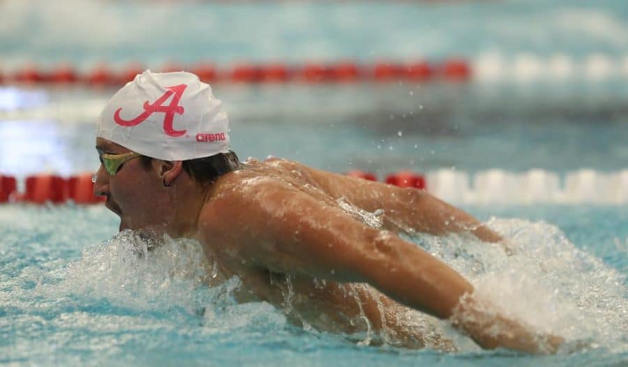 Alabama swimmer Jackson Dement swims the butterfly against the South Carolina Gamecocks on Oct. 16 at the Alabama Aquatic Center and Don Gambril Olympic Pool in Tuscaloosa, Ala.