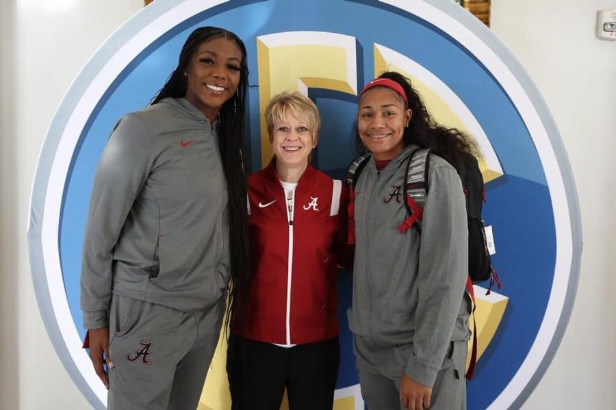 (Left to right): Alabama center Jada Rice, head coach Kristy Curry and guard Brittany Davis at SEC Tipoff 23 on Oct. 18 at the Grand Bohemian Hotel in Mountain Brook, Ala.