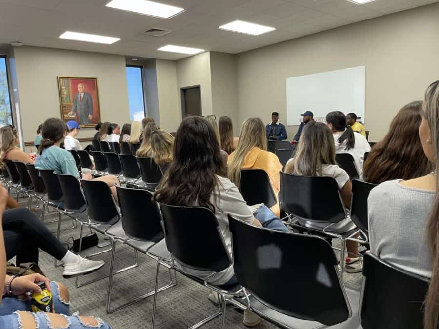 Members of Greek chapters participate in discussion on DEI, which was moderated by Yechiel Peterson and William Skull of the Alpha Phi Alpha fraternity.