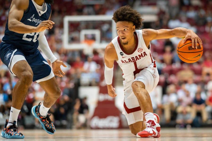 Alabama guard Mark Sears (1) hits the brakes for a crossover in the Crimson Tide’s 75-54 victory over the Longwood Lancers on Nov. 7 at Coleman Coliseum in Tuscaloosa, Ala.