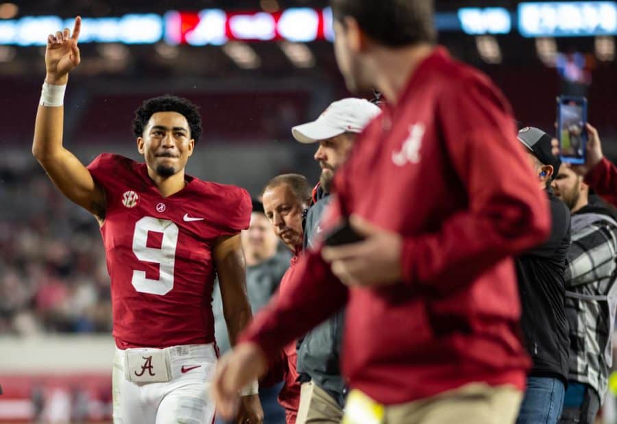 Alabama quarterback Bryce Young (9) leaves the field for the final time in his college career following the Crimson Tide’s 49-27 win over the Auburn Tigers on Nov. 26 at Bryant-Denny Stadium in Tuscaloosa, Ala.