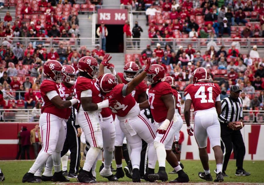 Alabama defense celebrates with Damon Payne Jr. (44) after he recovered a fumble in the 3rd quarter vs. Austin Peay on Nov. 19 at Bryant-Denny Stadium in Tuscaloosa, Ala.