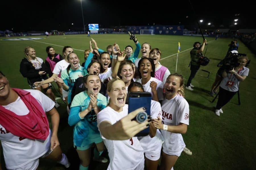 Alabama defender Brooke Steere (3) and the rest of the Crimson Tide soccer team take a selfie after defeating the Vanderbilt Commodores 2-1 in the SEC Tournament semfinals on Nov. 3 at  Ashton Brosnaham Soccer Complex in Pensacola, Fla.