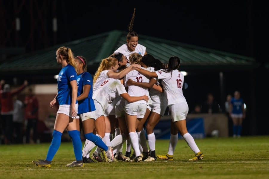 The+Alabama+soccer+team+celebrates+after+its+3-2+win+over+the+No.+2+Duke+Blue+Devils+on+Nov.+25+at+the+Alabama+Soccer+Stadium+in+Tuscaloosa%2C+Ala.
