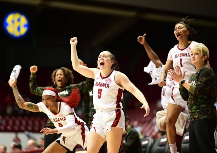 The Alabama womens basketball bench celebrates in the Crimson Tides 98-51 victory over the Alabama A&M Bulldogs on Nov. 7 at Coleman Coliseum in Tuscaloosa, Ala.