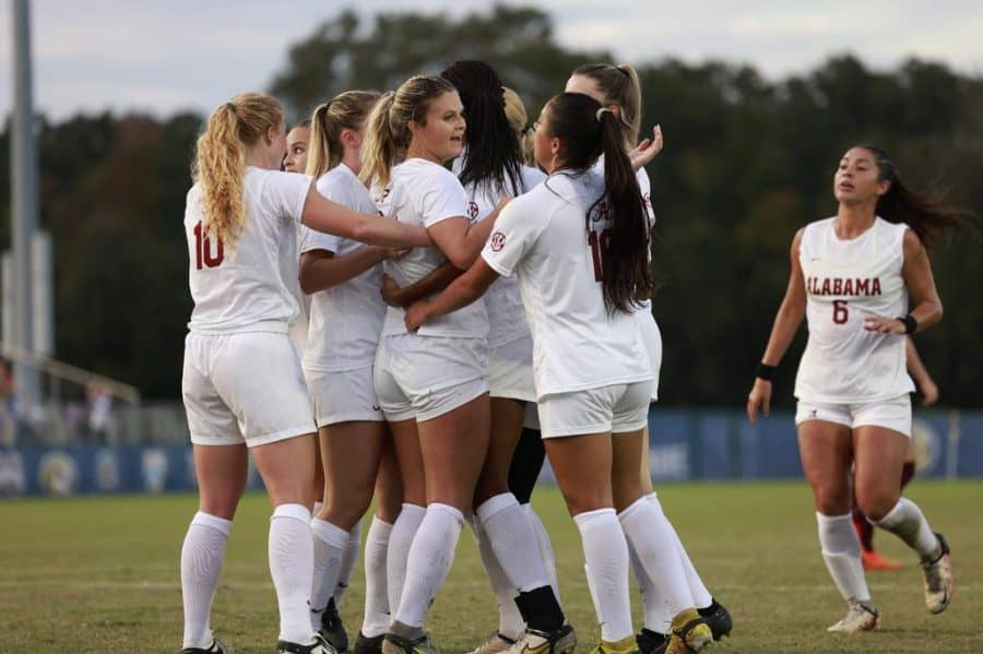 Alabama soccer players celebrate a goal in the Crimson Tides 2-0 win over the Mississippi State Bulldogs on Nov. 1 at the Ashton Brosnaham Soccer Complex in Pensacola, Fla.