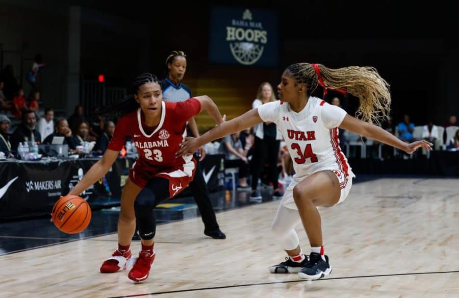 Alabama guard Brittany Davis (23) attempts to drive past a defender in the Crimson Tides 93-86 loss to the No. 17 Utah Utes on Nov. 21 at the Pink Flamingo Championship in Nassau, The Bahamas