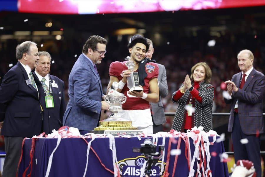 Alabama quarterback Bryce Young (9) holds the Sugar Bowl MVP trophy after Alabamas 45-20 victory over Kansas State.