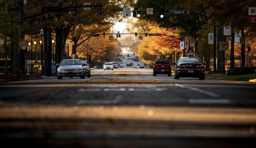 Cars drive along University Boulevard, the main road for the University of Alabama. / CW File 