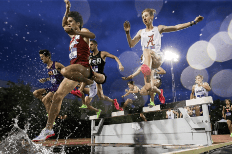 Alabama runner Brady Barton runs the steeplechase during the SEC Outdoor Track and Field Championship at the Bernie Moore Track Stadium in Baton Rouge, LA on Friday, May 12, 2023.