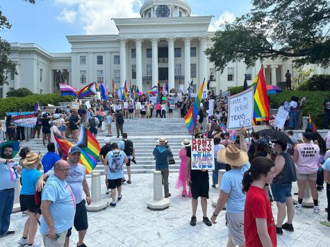 Protestors stand outside of the Alabama Capitol in Montgomery for a Drag Me to the Capitol march on May 16. 